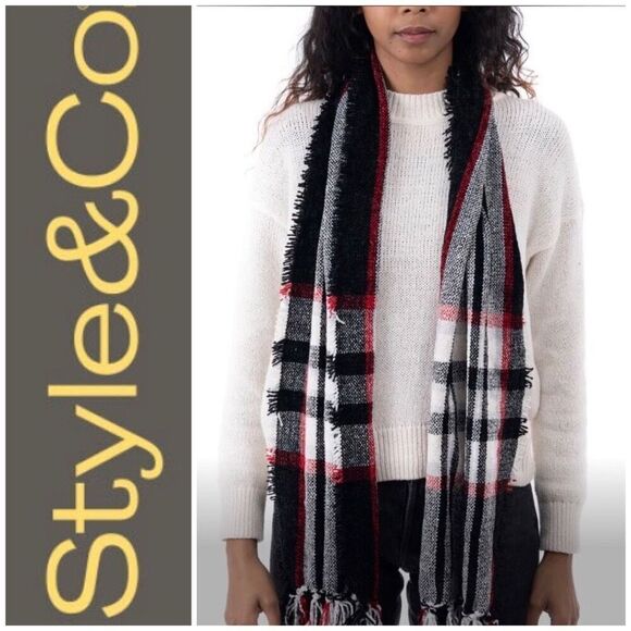 STYLE & CO. - NWT Macy's Soft Chenille Plaid Scarf w/Fringe - 64" x 13" - Picture 1 of 13